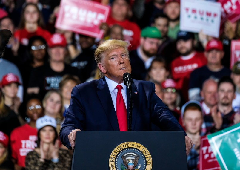 KELLOG ARENA, BATTLE CREEK, MICHIGAN, UNITED STATES - 2019/12/18: President Donald Trump speaks during the "Merry Christmas" rally at the Kellog Arena in Battle Creek, Michigan. (Photo by Matthew Hatcher/SOPA Images/LightRocket via Getty Images)