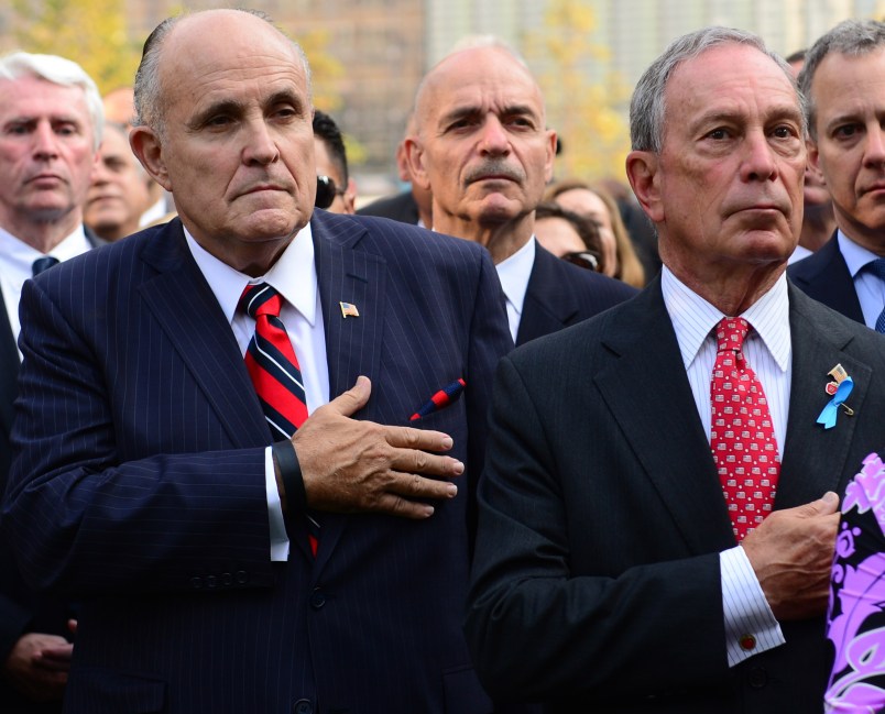 Former Mayor Rudy Giuliani, left, and NYC Mayor Michael Bloomberg at the 9/11 Memorial during ceremony marking the 12th Anniversary of the attacks on the World Trade Center in New York,Wednesday, Sept. 11, 2013. New York City Fire Commissioner Sal Cassano is behind in the middle.David Handschuh/New York Daily News/POOL