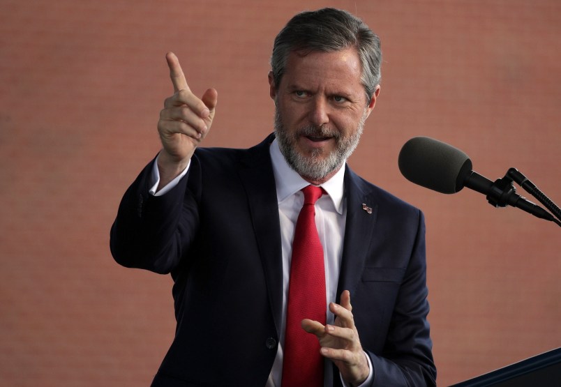 LYNCHBURG, VA - MAY 13:  Jerry Falwell, President of Liberty University, speaks during a commencement at Liberty University May 13, 2017 in Lynchburg, Virginia. President Donald Trump is the first sitting president to speak at Liberty's commencement since George H.W. Bush spoke in 1990.  (Photo by Alex Wong/Getty Images)