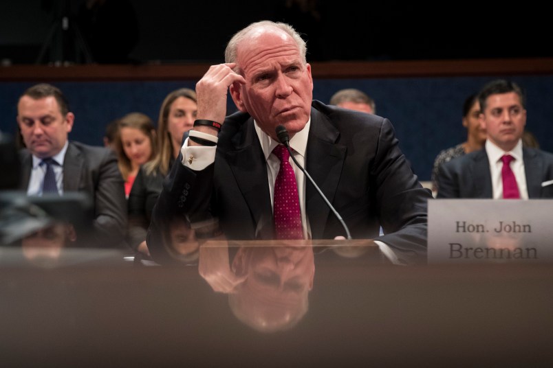 WASHINGTON, DC - MAY 23: Former Director of the U.S. Central Intelligence Agency (CIA) John Brennan testifies before the House Permanent Select Committee on Intelligence on Capitol Hill, May 23, 2017 in Washington, DC. Brennan is discussing the extent of Russia's meddling in the 2016 U.S. presidential election and possible ties to the campaign of President Donald Trump. (Photo by Drew Angerer/Getty Images)
