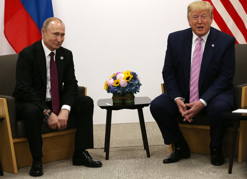 OSAKA, JAPAN - JUNE,28 (RUSSIA OUT) U.S. President Donald Trump (R) and Russian President Vladimir Putin (L) attend their bilateral meeting at the G20 Osaka Summit 2019, in Osaka, Japan, June,28,2019. Vladimir Putin has arrived to Japan to partcipate the G20 Osaka Summit and to meet U.S.President Donald Trump.  Photo by Mikhail Svetlov/Getty Images