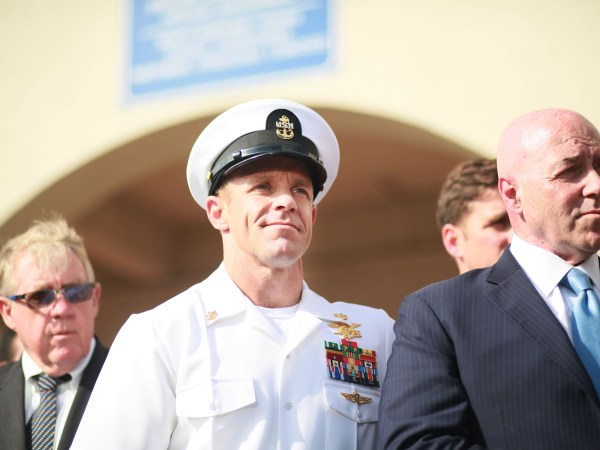 SAN DIEGO, CA - JULY 02:R,  Navy Special Operations Chief Edward Gallagher and his wife Andrea celebrate after being acquitted of all but one charge on Tuesday, July 2, 2019 in San Diego, CA.  Jury deliberations begin today for Chief Gallagher  who is on trial for war crimes for shooting of unarmed civilians in Iraq in 2017, including a school-age girl, and with killing a captured teenage ISIS fighter with a knife, among other crimes while deployed . (Photo by Sandy Huffaker/Getty Images)