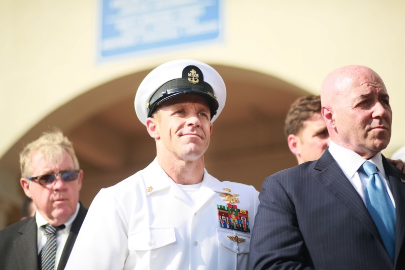 SAN DIEGO, CA - JULY 02:R,  Navy Special Operations Chief Edward Gallagher and his wife Andrea celebrate after being acquitted of all but one charge on Tuesday, July 2, 2019 in San Diego, CA.  Jury deliberations begin today for Chief Gallagher  who is on trial for war crimes for shooting of unarmed civilians in Iraq in 2017, including a school-age girl, and with killing a captured teenage ISIS fighter with a knife, among other crimes while deployed . (Photo by Sandy Huffaker/Getty Images)