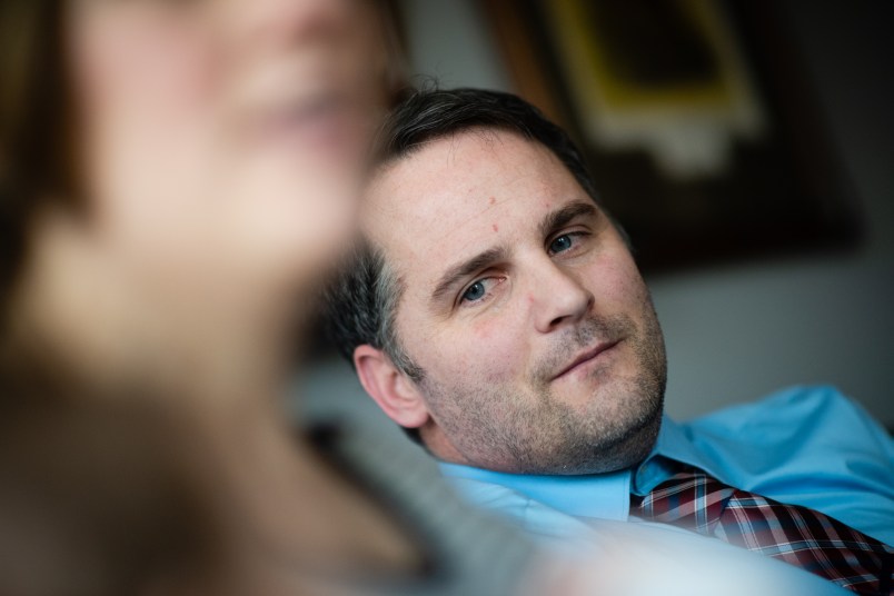WASHINGTON, DC - FEBRUARY 4:  Matt Golsteyn, 38, is a former special forces officer that is now being investigated for war crimes committed in Afghanistan. He is pictured in his Washington, DC office with his wife, Julie, 35, and their son Henry, 4 mos. (Photo by Sarah L. Voisin/The Washington Post)
