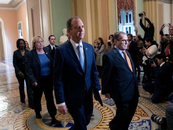 WASHINGTON, DC Ð JANUARY 16:  House impeachment managers Rep. Adam Schiff (D-CA), Rep. Jerry Nadler (D-NY), Rep. Zoe Lofgren (D-CA), Rep. Hakeem Jeffries (D-NY), Rep. Val Demings (D-FL), Rep. Jason Crow (D-CO), Rep. Sylvia Garcia (D-TX) walk to the Senate chamber for impeachment proceedings at the U.S. Capitol on January 16, 2020 in Washington, DC. On Thursday, the House impeachment managers will read the articles of impeachment against President Trump in the Senate chamber and the chief justice of the Supreme Court and every senator will be sworn in. (Photo by Drew Angerer/Getty Images)