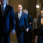 UNITED STATES - JANUARY 16: Impeachment managers House Intelligence Committee Chairman Adam Schiff, D-Calif., center, Judiciary Committee Chairman Jerrold Nadler, D-N.Y., and other mangers are seen arriving to the Senate before Schiff read the articles of impeachment against President Donald Trump on the Senate floor on Thursday, January 16, 2020. (Photo By Tom Williams/CQ Roll Call)