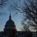 WASHINGTON, DC - JANUARY 29: The sun sets over the U.S. Capitol as the Senate impeachment trial of President Donald Trump continues on January 29, 2020 in Washington, DC. The trial entered the phase today where senators will have the opportunity to submit written questions to the House managers and President Trump's defense team. (Photo by Samuel Corum/Getty Images)