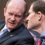 UNITED STATES - APRIL 3: Sens. Chris Coons, D-Del., left, and Richard Blumenthal, D-Conn., attend a Senate Judiciary Committee meeting in Hart Building to discuss the nomination of Neil Gorsuch for associate justice on the Supreme Court, April 3, 2017. (Photo By Tom Williams/CQ Roll Call)