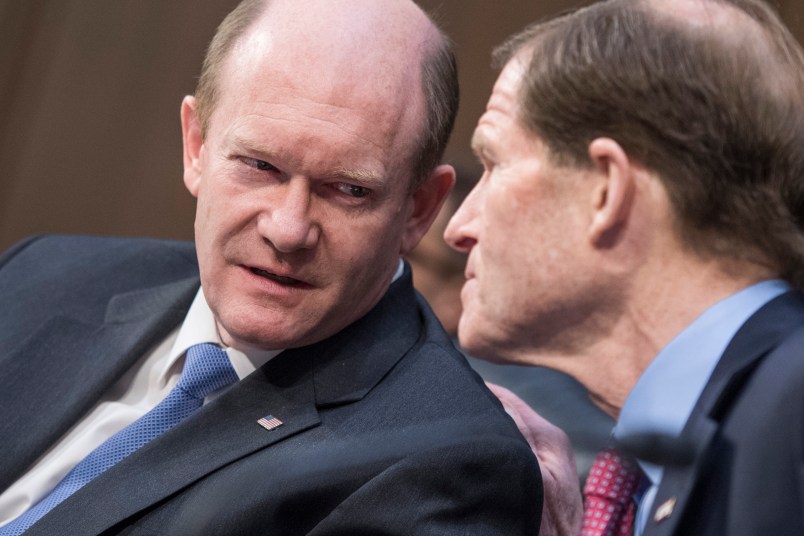 UNITED STATES - APRIL 3: Sens. Chris Coons, D-Del., left, and Richard Blumenthal, D-Conn., attend a Senate Judiciary Committee meeting in Hart Building to discuss the nomination of Neil Gorsuch for associate justice on the Supreme Court, April 3, 2017. (Photo By Tom Williams/CQ Roll Call)