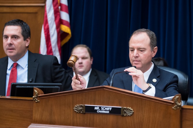 UNITED STATES - SEPTEMBER 26: Chairman Adam Schiff, D-Calif., and ranking member Rep. Devin Nunes, R-Calif., conduct the House Intelligence Committee hearing featuring testimony by Joseph Maguire, acting director of national intelligence, on a whistleblower complaint about a phone call between President Trump and Ukrainian President Volodymyr Zelensky, in Rayburn Building on Thursday, September 26, 2019. (Photo By Tom Williams/CQ Roll Call)