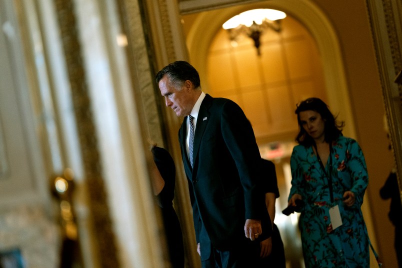 WASHINGTON, DC - FEBRUARY 3: U.S. Senator Mitt Romney (R-UT) walks near the Senate chamber in the U.S. Capitol on February 3, 2020 in Washington D.C., United States. Closing arguments begin Monday after the Senate voted to block witnesses from appearing in the impeachment trial. The final vote is expected on Wednesday. (Photo by Alex Edelman/Getty Images)