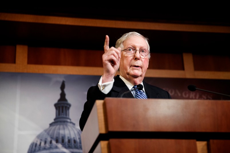 WASHINGTON D.C., Feb. 6, 2020 -- U.S. Senate Majority Leader Mitch McConnell speaks during a press conference following a vote in the U.S. Senate to acquit President Donald Trump on impeachment on Capitol Hill in Washington D.C., the United States, Feb. 5, 2020. U.S. President Donald Trump was acquitted on Wednesday afternoon by the Senate after the chamber voted down both articles of impeachment against him that the House approved late last year. (Photo by Ting Shen/Xinhua via Getty)