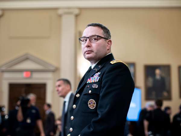 WASHINGTON, DC - NOVEMBER 19: Lt. Col. Alexander Vindman and Jennifer Williams, Special Advisor for Europe and Russia Office of the Vice President, appear before the House Intelligence Committee during the House impeachment inquiry concerning President Donald Trump on Capitol Hill in Washington, DC on Tuesday November 19, 2019. (Photo by Melina Mara/The Washington Post)