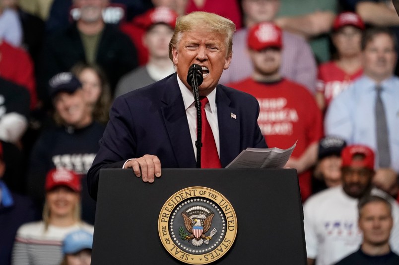 MANCHESTER, NH - FEBRUARY 10: U.S. President Donald Trump speaks during a "Keep America Great" rally at Southern New Hampshire University Arena on February 10, 2020 in Manchester, New Hampshire. New Hampshire will hold its first in the national primary on Tuesday. (Photo by Drew Angerer/Getty Images)