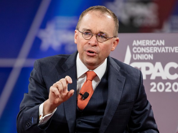 NATIONAL HARBOR, MD - FEBRUARY 28: Acting White House Chief of Staff Mick Mulvaney has a conversation with Stephen Moore (not pictured), Distinguished Visiting Fellow for Project for Economic Growth at The Heritage Foundation, on stage at the Conservative Political Action Conference 2020 (CPAC) hosted by the American Conservative Union on February 28, 2020 in National Harbor, MD. (Photo by Samuel Corum/Getty Images) *** Local Caption *** Mick Mulvaney
