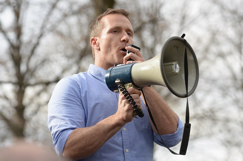 UNIVERSITY CITY, MO - FEBRUARY 22: Missouri Governor, Eric Greitens addresses the crowd at Chesed Shel Emeth Cemetery on February 22, 2017 in University City, Missouri. Governor Eric Greitens and US Vice President, Mike Pence, were on hand to speak to over 300 volunteers who were on hand to cleanup after the recent vandalism. Since the beginning of the year, there has been a nationwide spike in incidents including bomb threats at Jewish community centers and reports of anti-semitic graffiti. (Photo: Michael Thomas/ Getty Images)