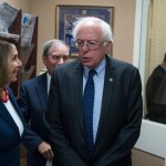 UNITED STATES - OCTOBER 04: From left, House Minority Leader Nancy Pelosi, D-Calif., Rep. John Yarmuth, D-Ky., and Sen. Bernie Sanders, I-Vt., prepare for a news conference in the Capitol to speak out against Republicans' tax and budget plan that they say will benefit the wealthy on October 4, 2017. (Photo By Tom Williams/CQ Roll Call)