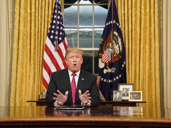 U.S. President Donald Trump delivers a televised address to the nation from his desk in the Oval Office about immigration and the southern U.S. border on the 18th day of a partial government shutdown at the White House in Washington, U.S., January 8, 2019. REUTERS/Carlos Barria