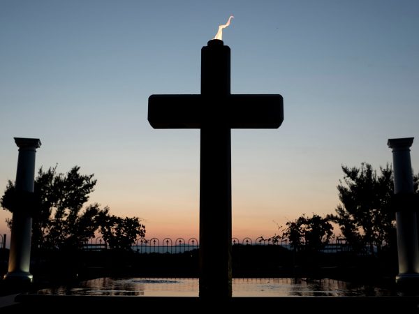 LYNCHBURG, VA - JULY 19: A cross sits at the Jerry Falwell Memorial at Liberty University on July 19, 2019 in Lynchburg, Virginia. Falwell founded Liberty University in 1971. (Photo by Marlena Sloss/The Washington Post)