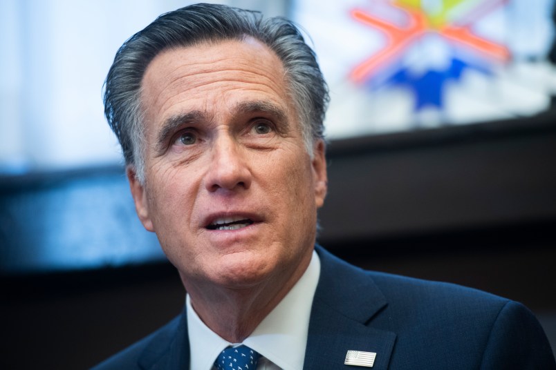 UNITED STATES - DECEMBER 17: Sen. Mitt Romney, R-Utah, conducts a news conference in Russell Building on student athlete compensation on Tuesday, December 17, 2019. NCAA president Mark Emmert and Sen. Chris Murphy, D-Conn., also attended. (Photo By Tom Williams/CQ Roll Call)