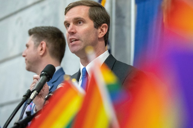 Kentucky Gov. Andy Beshear speaks during the statewide Fairness Rally at the Kentucky state Capitol in Frankfort, Ky. on Wednesday, Feb. 19, 2020. (Ryan C. Hermens/Lexington Herald-Leader/TNS)