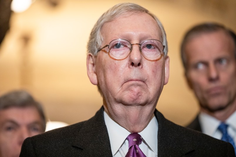 WASHINGTON, DC - MARCH 10: Senate Majority Leader Mitch McConnell (R-KY) speaks to reporters following the Senate Republican policy luncheon which both President Donald Trump and Vice President Mike Pence attended on March 10, 2020 in Washington, DC. Lawmakers focused on the spread of the coronavirus and the state of the economy as markets react to the virus during the luncheon. (Photo by Samuel Corum/Getty Images) *** Local Caption *** Mitch McConnell