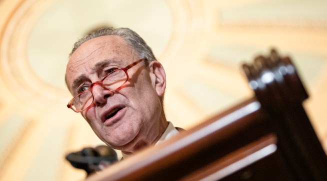 WASHINGTON, DC - MARCH 10: Senate Minority Leader Chuck Schumer (D-NY) talks to reporters following the Senate Democrats weekly policy luncheon on Capitol Hill on March 10, 2020 in Washington, DC. Democratic leadership criticized President Trumps response to the spread of the coronavirus and pushed for relief for individuals that may have to miss work from being quarantined. (Photo by Samuel Corum/Getty Images) *** Local Caption *** Chuck Schumer