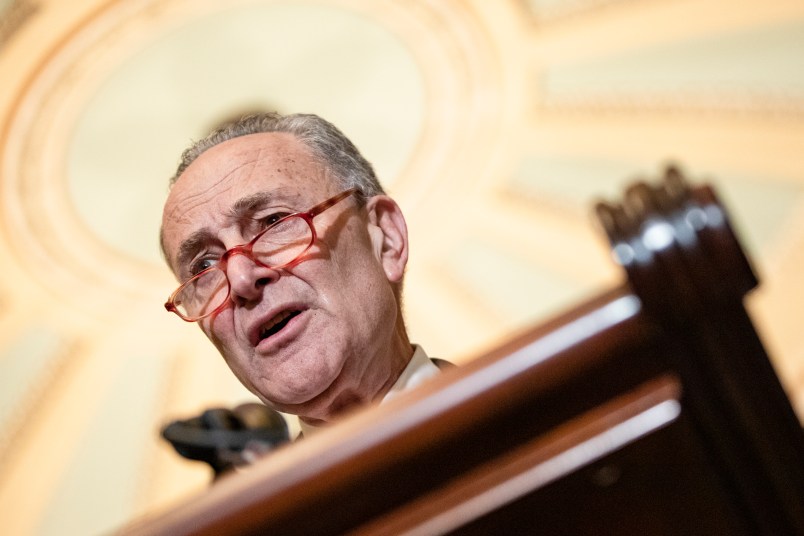 WASHINGTON, DC - MARCH 10: Senate Minority Leader Chuck Schumer (D-NY) talks to reporters following the Senate Democrats weekly policy luncheon on Capitol Hill on March 10, 2020 in Washington, DC. Democratic leadership criticized President Trumps response to the spread of the coronavirus and pushed for relief for individuals that may have to miss work from being quarantined. (Photo by Samuel Corum/Getty Images) *** Local Caption *** Chuck Schumer