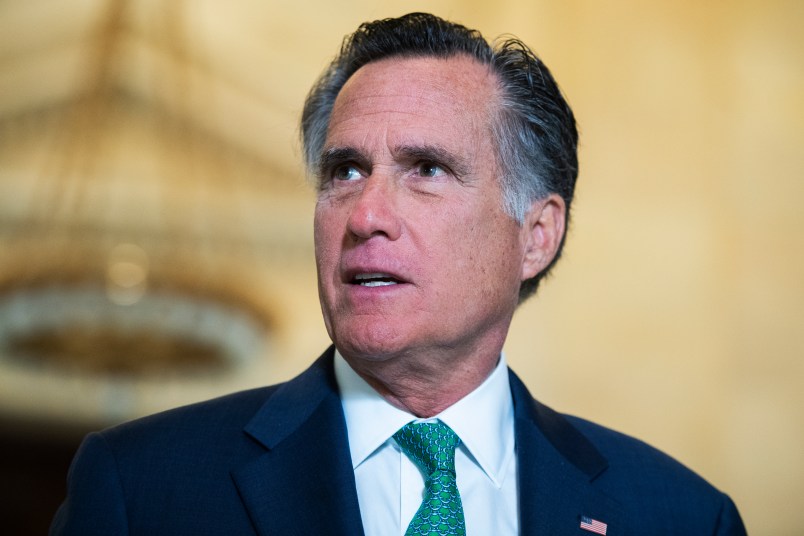 UNITED STATES - MARCH 17: Sen. Mitt Romney, R-Utah, leaves the Senate Republican Policy luncheon in Russell Building on Tuesday, March 17, 2020. Treasury Secretary Steven Mnuchin attended to discuss the coronavirus relief package. (Photo By Tom Williams/CQ Roll Call)