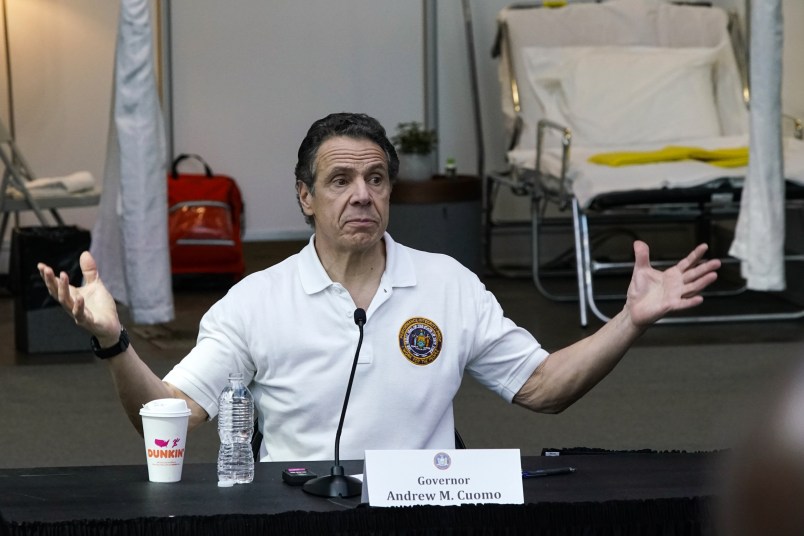 NEW YORK, NY - MARCH 27: New York Governor Andrew Cuomo speaks to the media and members of the National Guard at the Javits Convention Center which is being turned into a hospital to help fight coronavirus cases on March 27, 2020 in New York City. across the country schools, businesses and places of work have either been shut down or are restricting hours of operation as health officials try to slow the spread of COVID-19. (Photo by Eduardo Munoz Alvarez/Getty Images)