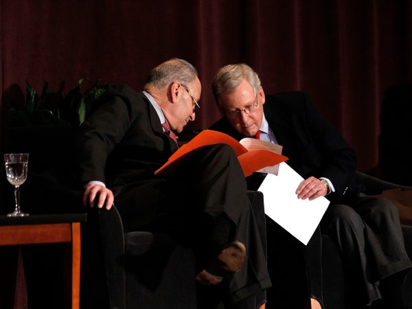 LOUISVILLE, KY-FEBRUARY 12: U.S. Senate Majority Leader Mitch McConnell (right) (R-KY) and U.S. Senate Democratic Leader Chuck Schumer (D-NY) wait the stage together at the University of Louisville's McConnell Center where Schumer was scheduled to speak February 12, 2018 in Louisville, Kentucky. Sen. Schumer spoke at the event as part of the Center's Distinguished Speaker Series, and Sen. McConnell introduced him. (Bill Pugliano/Getty Images)