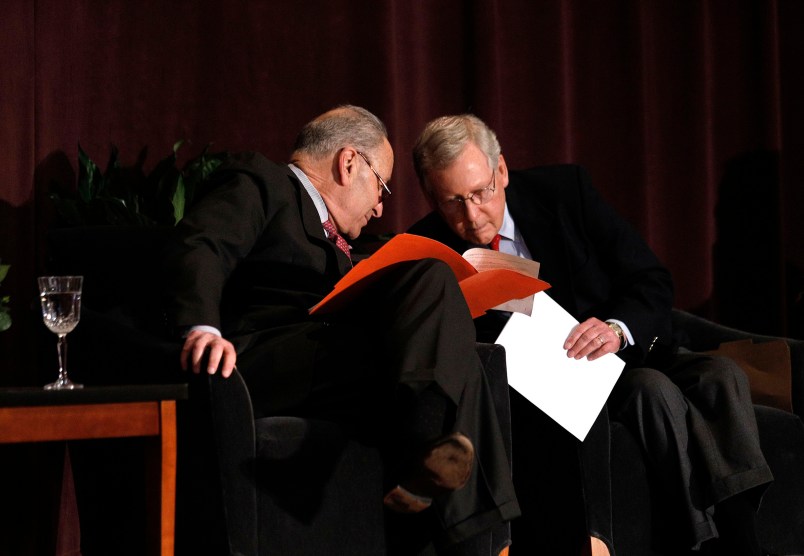 LOUISVILLE, KY-FEBRUARY 12: U.S. Senate Majority Leader Mitch McConnell (right) (R-KY) and U.S. Senate Democratic Leader Chuck Schumer (D-NY) wait the stage together at the University of Louisville's McConnell Center where Schumer was scheduled to speak February 12, 2018 in Louisville, Kentucky. Sen. Schumer spoke at the event as part of the Center's Distinguished Speaker Series, and Sen. McConnell introduced him. (Bill Pugliano/Getty Images)