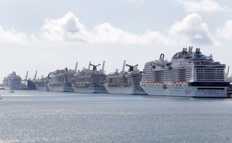 Cruise ships are shown docked at PortMiami, Tuesday, March 31, 2020, in Miami. (AP Photo/Wilfredo Lee)