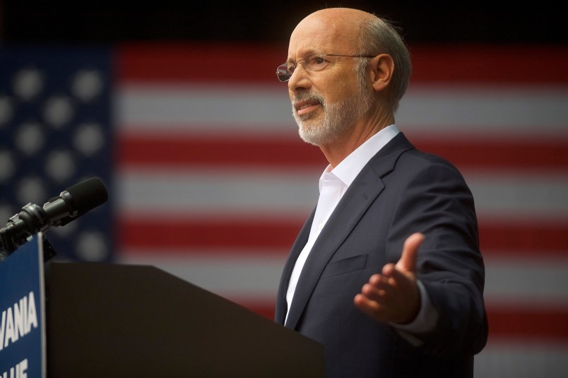 PHILADELPHIA, PA - SEPTEMBER 21:  Pennsylvania Governor Tom Wolf speaks before former President Barack Obama during a campaign rally for statewide Democratic candidates on September 21, 2018 in Philadelphia, Pennsylvania.  Midterm election day is November 6th.  (Photo by Mark Makela/Getty Images)