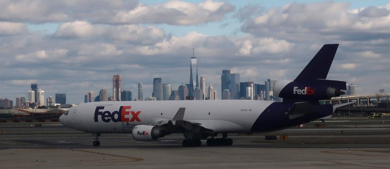 NEWARK, NJ - OCTOBER 13: A FedEx airplane makes its way to a runway in front of the skykine of New York City at Newark Liberty Airport on October 13, 2018 in Newark, New Jersey. (Photo by Gary Hershorn/Getty Images)