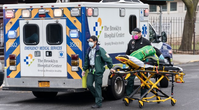 NEW YORK, UNITED STATES - 2020/04/04: First responders from The Brooklyn Hospital Center Emergency Medical Services arrived to treat patient at Greenpark nursing home The Phoenix in Brooklyn. (Photo by Lev Radin/Pacific Press/LightRocket via Getty Images)