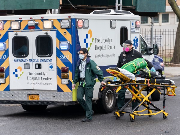 NEW YORK, UNITED STATES - 2020/04/04: First responders from The Brooklyn Hospital Center Emergency Medical Services arrived to treat patient at Greenpark nursing home The Phoenix in Brooklyn. (Photo by Lev Radin/Pacific Press/LightRocket via Getty Images)