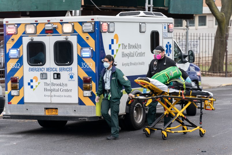 NEW YORK, UNITED STATES - 2020/04/04: First responders from The Brooklyn Hospital Center Emergency Medical Services arrived to treat patient at Greenpark nursing home The Phoenix in Brooklyn. (Photo by Lev Radin/Pacific Press/LightRocket via Getty Images)