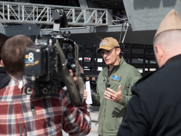 200117-N-LH674-3014 SAN DIEGO (Jan. 17, 2020) Capt. Brett Crozier, commanding officer of the aircraft carrier USS Theodore Roosevelt (CVN 71), addresses local news media at Naval Air Station North Island, San Diego, Jan. 17, 2020. The Theodore Roosevelt Carrier Strike Group is on a scheduled deployment to the Indo-Pacific. (U.S. Navy photo by Mass Communication Specialist Seaman Kaylianna Genier)