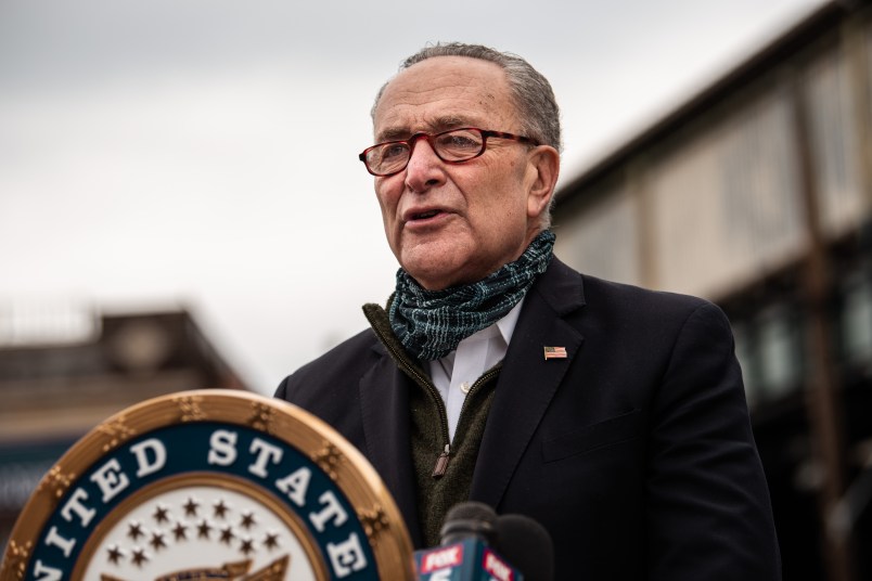 NEW YORK, NY - APRIL 14: Senate Minority Leader Chuck Schumer (D-NY) speaks at a press conference at Corona Plaza in Queens on April 14, 2020 in New York City. Schumer was joined by Representative Alexandria Ocasio-Cortez (D-NY) at the conferece, where both called for the Federal Emergency Management Administration to fund funeral costs in low-income communities of color during the ongoing amid the coronavirus pandemic. (Photo by Scott Heins/Getty Images)