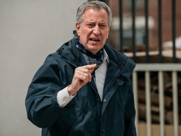 NEW YORK, NY - APRIL 14: New York City Mayor Bill de Blasio speaks at a food shelf organized by The Campaign Against Hunger in Bed Stuy, Brooklyn on April 14, 2020 in New York City. Before touring the facility de Blasio praised the work of food shelves and community organizations across New York City to combat hunger during the ongoing coronavirus crisis. (Photo by Scott Heins/Getty Images)