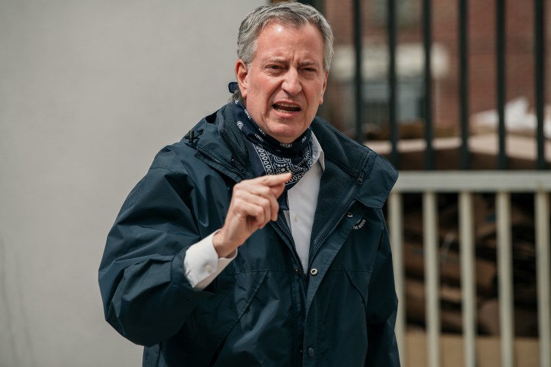 NEW YORK, NY - APRIL 14: New York City Mayor Bill de Blasio speaks at a food shelf organized by The Campaign Against Hunger in Bed Stuy, Brooklyn on April 14, 2020 in New York City. Before touring the facility de Blasio praised the work of food shelves and community organizations across New York City to combat hunger during the ongoing coronavirus crisis. (Photo by Scott Heins/Getty Images)