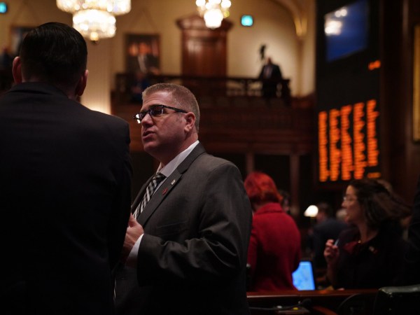 Rep. Darren Bailey talks on the House floor at the Illinois State Capitol in Springfield, Feb. 20, 2019. (E. Jason Wambsgans/Chicago Tribune/TNS)