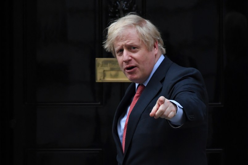 Britain’s Prime Minister Boris Johnson attends the applause in support of the British National Health Service (NHS) at 10 Downing Street, in London, Thursday, May 7, 2020. The highly contagious COVID-19 coronavirus has impacted on nations around the globe, many imposing self isolation and exercising social distancing when people move from their homes. (AP Photo/Alberto Pezzali)