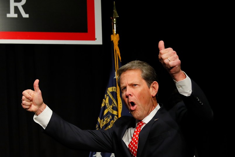 ATHENS, GA - NOVEMBER 06:  Republican gubernatorial candidate Brian Kemp attends the Election Night event at the Classic Center on November 6, 2018 in Athens, Georgia.  Kemp is in a close race with Democrat Stacey Abrams.  (Photo by Kevin C. Cox/Getty Images)