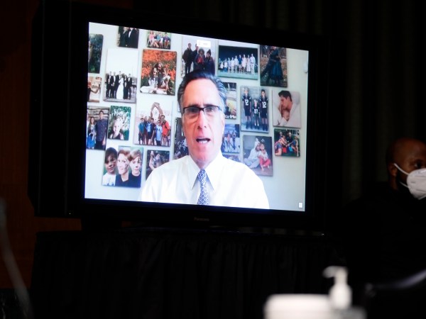 Sen. Mitt Romney, R-Utah, speaks via teleconference during a Senate Health Education Labor and Pensions Committee hearing on new coronavirus tests on Capitol Hill in Washington, Thursday, May 7, 2020. (AP Photo/Andrew Harnik, Pool)