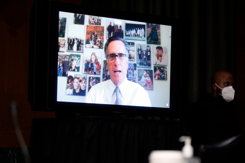 Sen. Mitt Romney, R-Utah, speaks via teleconference during a Senate Health Education Labor and Pensions Committee hearing on new coronavirus tests on Capitol Hill in Washington, Thursday, May 7, 2020. (AP Photo/Andrew Harnik, Pool)