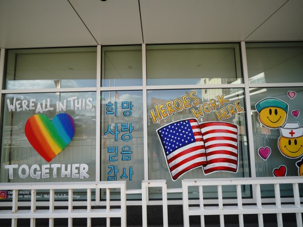 A view of messages of support outside New York Presbyterian-Queens during the coronavirus pandemic on May 12, 2020 in Queens borough of New York City. COVID-19 has spread to most countries around the world, claiming over 270,000 lives with over 3.9 million infections reported.  (Photo by John Nacion/NurPhoto)