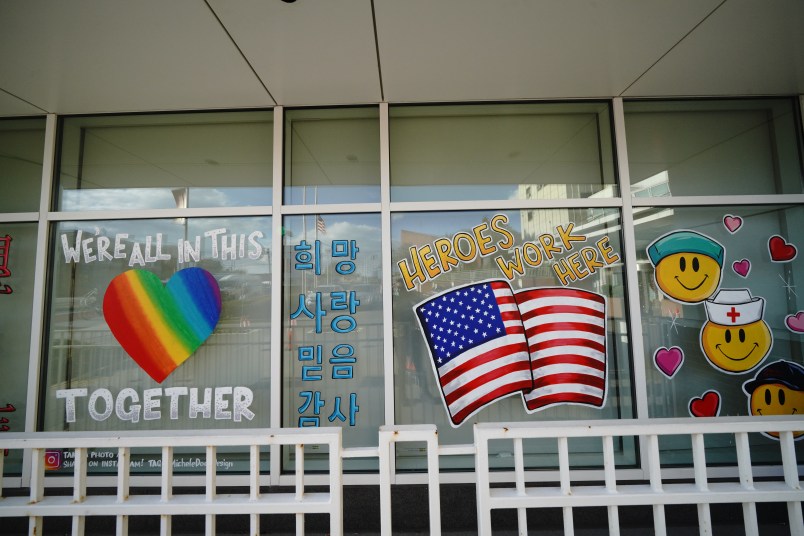 A view of messages of support outside New York Presbyterian-Queens during the coronavirus pandemic on May 12, 2020 in Queens borough of New York City. COVID-19 has spread to most countries around the world, claiming over 270,000 lives with over 3.9 million infections reported.  (Photo by John Nacion/NurPhoto)