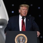 CAPE CANAVERAL, UNITED STATES - 2020/05/30: U.S. President Donald Trump speaks at NASA's Vehicle Assembly Building after watching the successful launch of a Falcon 9 rocket with the Crew Dragon spacecraft from pad 39A at the Kennedy Space Center.NASA astronauts Doug Hurley and Bob Behnken will rendezvous and dock with the International Space Station, becoming the first people to launch into space from American soil since the end of the Space Shuttle program in 2011. (Photo by Paul Hennessy/SOPA Images/LightRocket via Getty Images)